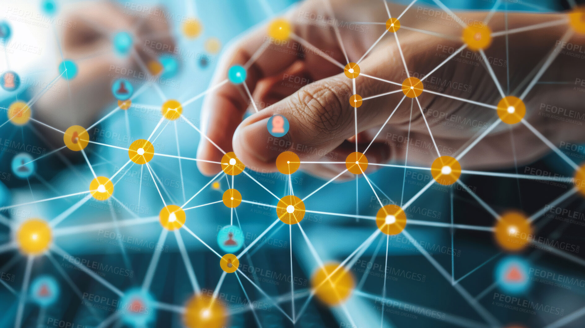 Buy stock photo Hands, global network and choice of icon for selection of partnership or collaboration for business and company. Person, database symbol and international community for digital connection and closeup