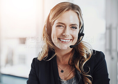 Buy stock photo Woman, callcenter and smile  in portrait, contact us with communication and CRM, mockup space and headset. Customer service, phone call and happy female consultant on help desk with support in office