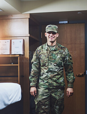 Buy stock photo Soldier man, smile and portrait in uniform with pride, service and happy in dorm at army. Male military person, line up and confident by bed for inspection, introduction or security personnel for war