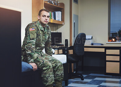 Buy stock photo Military, service and soldier or man in bedroom at navy for protection, war training or USA combat. Portrait of veteran in army uniform with courage and government recruitment, draft or conscription