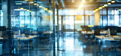 Buy stock photo Chairs, office and tables of glass building interior for start or end of business day in corporate. Company, empty workplace and workspace with furniture for professional career or occupation