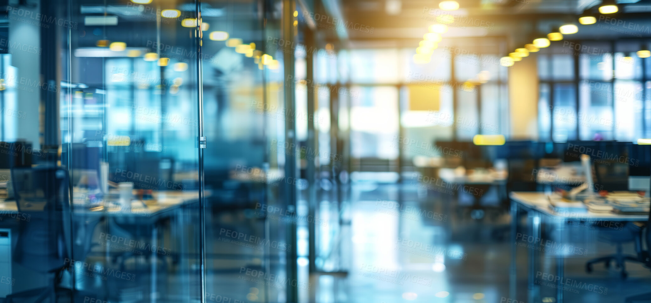 Buy stock photo Chairs, office and tables of glass building interior for start or end of business day in corporate. Company, empty workplace and workspace with furniture for professional career or occupation