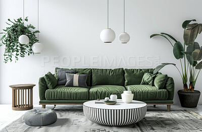 Interior, couch and living room or empty for design, lights and wall with mockup for luxury apartment with plants. Rug, stylish and artistic accommodation for lifestyle, home and feng shui and table
