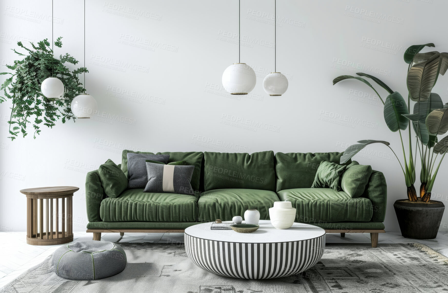 Buy stock photo Interior, couch and living room or empty for design, lights and wall with mockup for luxury apartment with plants. Rug, stylish and artistic accommodation for lifestyle, home and feng shui and table