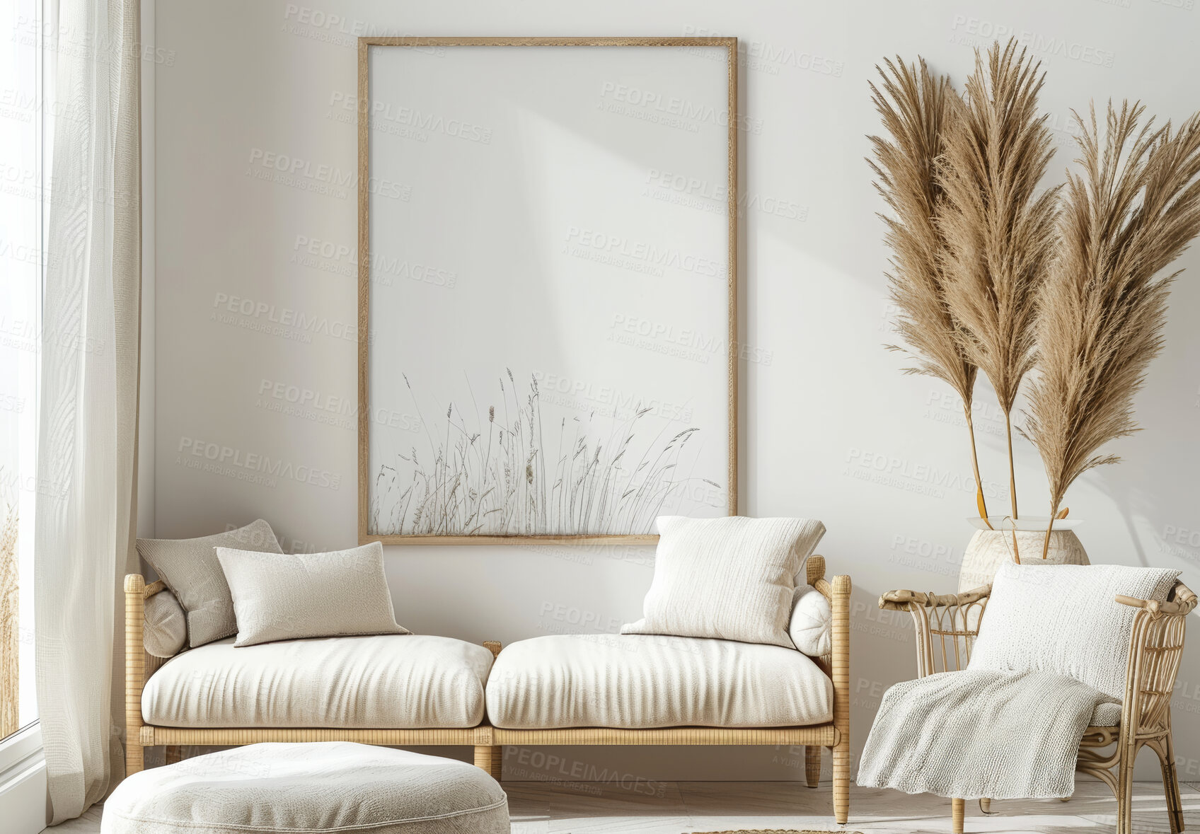 Buy stock photo Interior, decoration and living room for furniture as designer  with sofa, painting and space for architecture of new home. Clean, modern and luxury residential house with creative idea of property