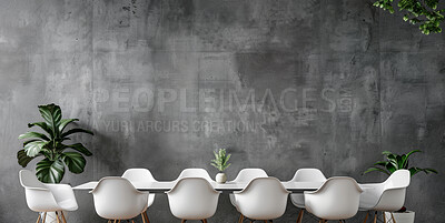 Buy stock photo Interior design, home and decoration for dinning room, minimalistic or furniture for house. Dark, plants or nature for modern apartment, mock up space or feng shui in real estate property development