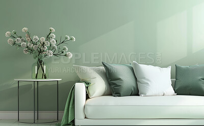 Interior design, lounge and sofa in bright and empty home, flower and decor or wall with mockup for luxury apartment. Throw pillows, stylish and accommodation for lifestyle, house and feng shui