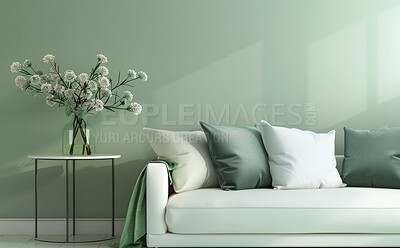 Buy stock photo Interior design, lounge and sofa in bright and empty home, flower and decor or wall with mockup for luxury apartment. Throw pillows, stylish and accommodation for lifestyle, house and feng shui