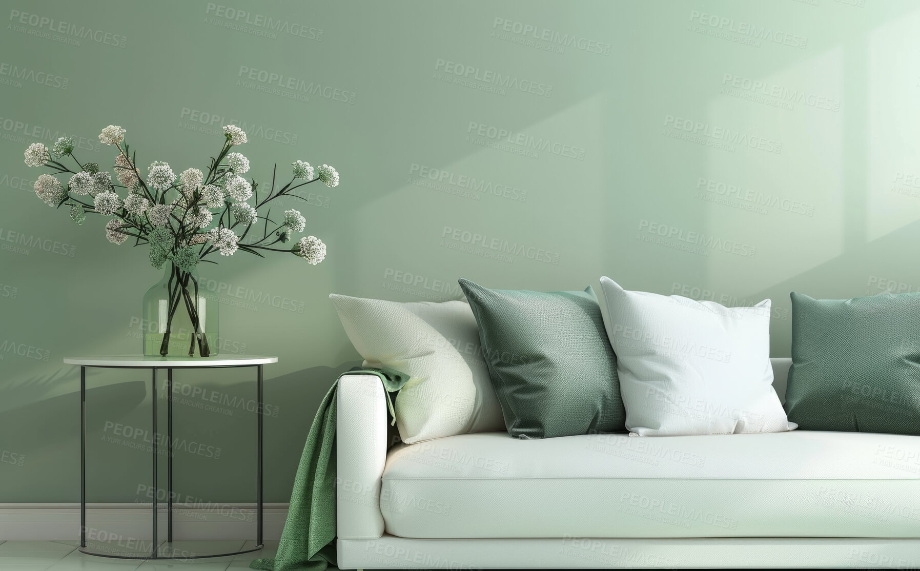 Buy stock photo Interior design, lounge and sofa in bright and empty home, flower and decor or wall with mockup for luxury apartment. Throw pillows, stylish and accommodation for lifestyle, house and feng shui