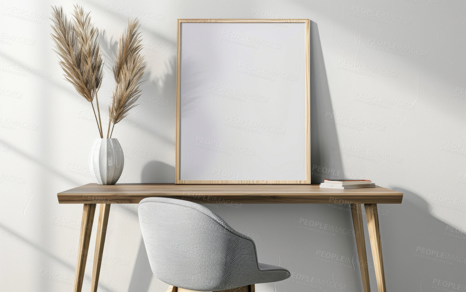 Buy stock photo Interior design, desk and blank canvas with elegant frame for decor, chair and wood texture at apartment. Stylish, gallery and mockup board for creative art with luxury furniture at modern home.
