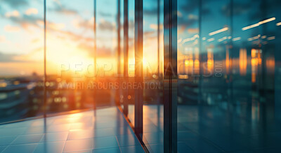 City, flare and glass office building at sunrise for start of business, corporate or professional work in morning. Architecture interior, light and view through window of urban town in summer