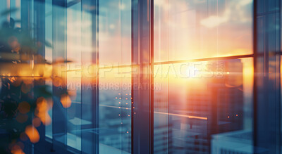 Sunset, windows and office building in city with bokeh for reflection by modern architecture. Evening, outdoor and corporate workplace with dawn light on glass door by tower structure in urban town.