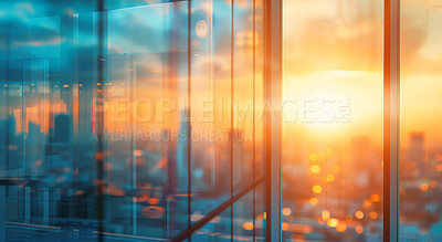 City, light and window of office building at sunrise for start of business, corporate or professional work in morning. Architecture interior, flare and view through glass of urban town in summer