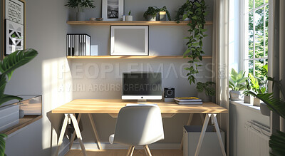 Home, computer and decoration for office, plants and furniture for house. Workplace, interior design or natural apartment with window, light or technology for real estate and development for property