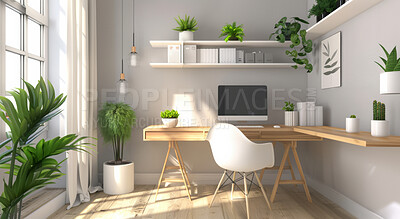 Home, computer and decoration for workplace, plants and furniture for house. Office, interior design or natural apartment with window, light or technology for real estate and development for property