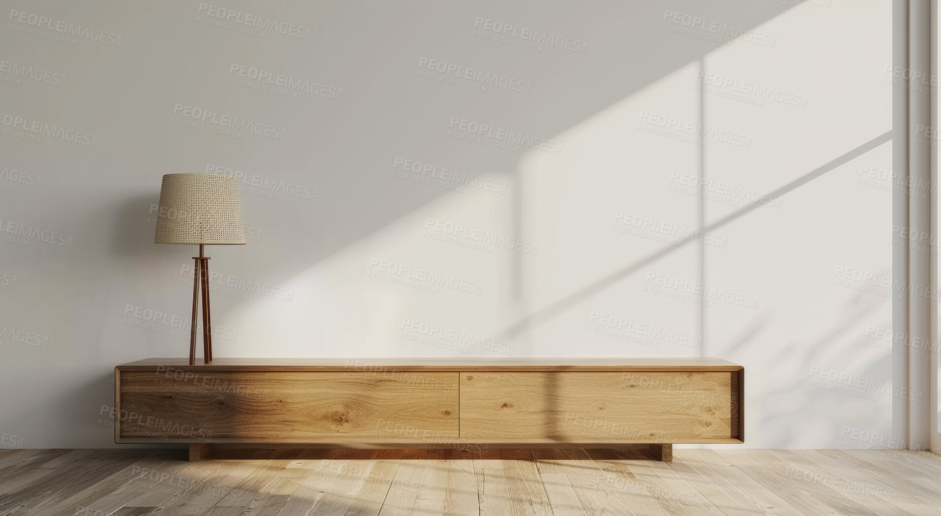 Buy stock photo Interior design, home and decoration for living room, minimalistic and furniture for house. Lamp, shelf and modern apartment with plants, light or mock up space in lounge and spacious property