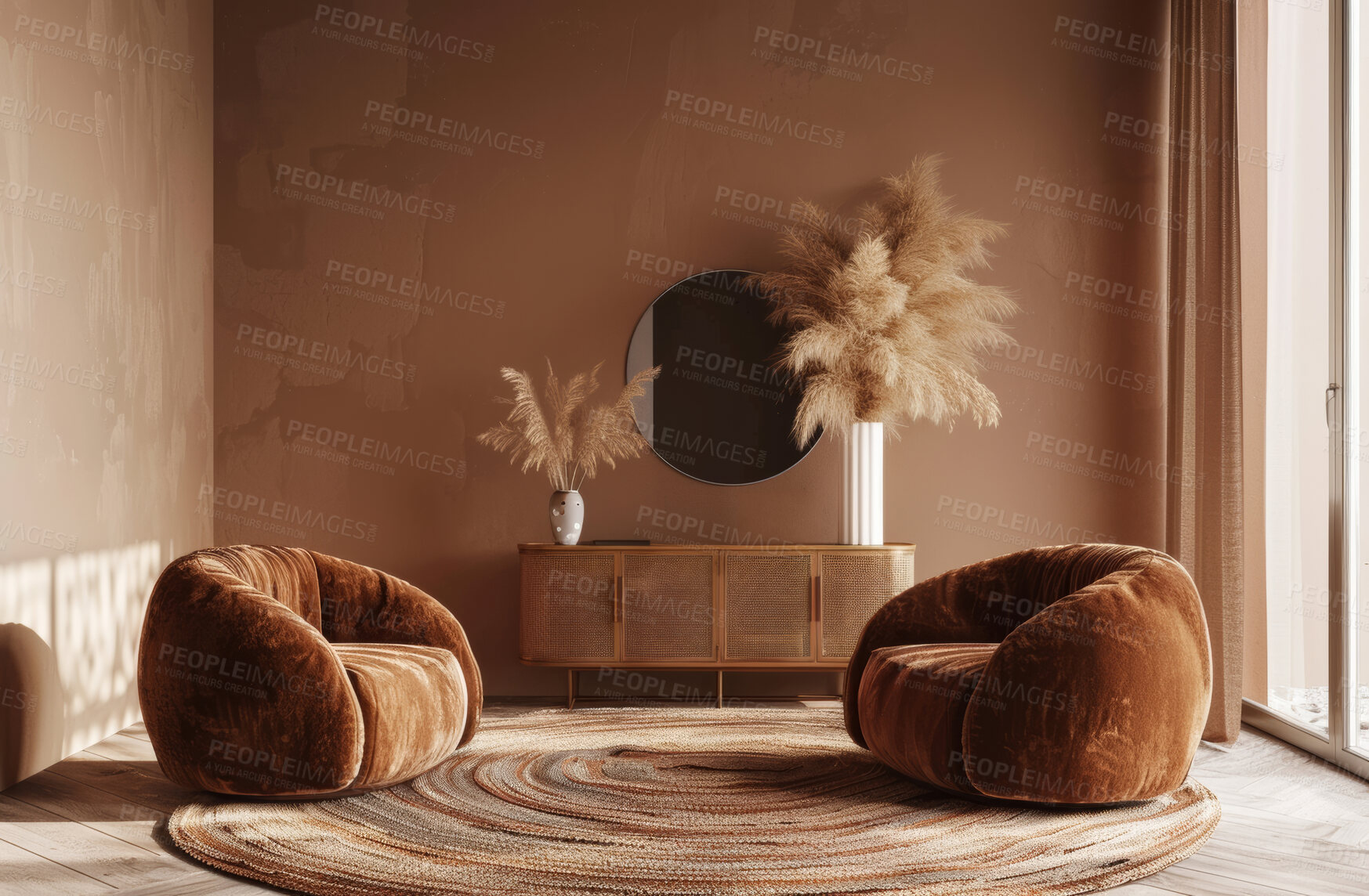 Buy stock photo Interior, living room and luxury home for natural decor, neutral and accommodation style or trend. Design, eco friendly furniture and rustic hotel or apartment, plant and sustainable real estate