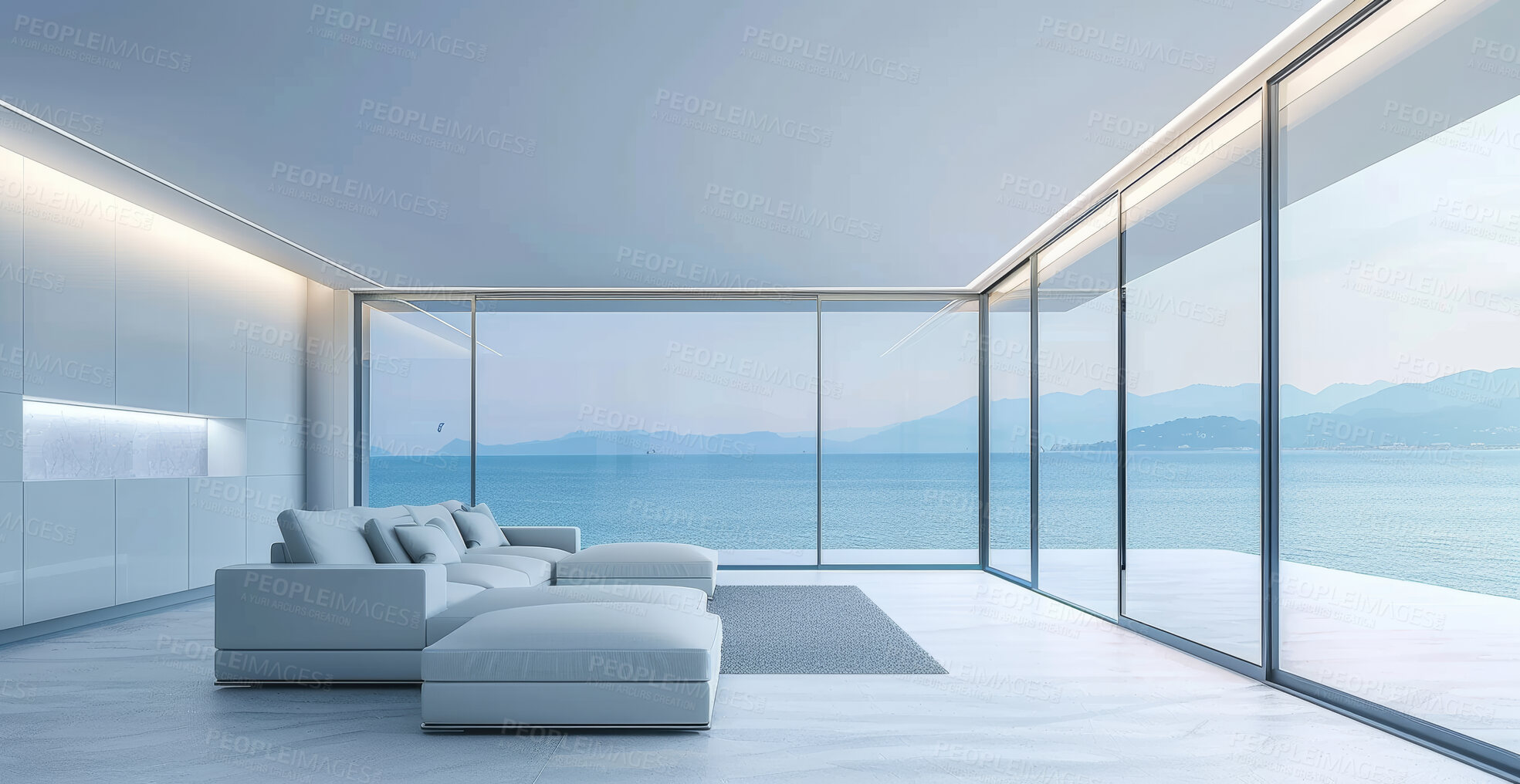 Buy stock photo View, furniture and house with minimal design, space and window with couch, interior and living room. Vacation home, sofa or decoration with lights, sunlight or ocean with texture, luxury or sunshine