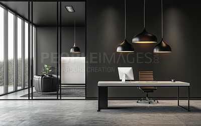 Empty, interior design and home office with furniture, desk and lights with ergonomics, business and comfort. Workspace, texture and environment friendly material, house and sustainable living