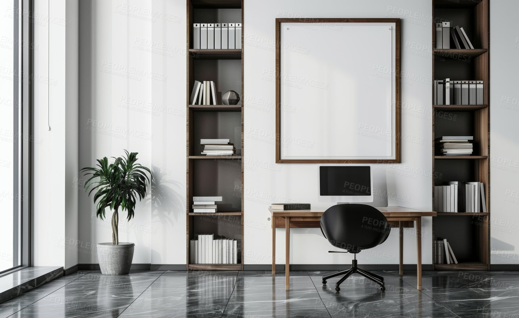 Buy stock photo Interior design, home office and empty frame with desk for creative space, aesthetic or product placement in apartment. Art, mockup or blank canvas for luxury house, condo or natural decor in lounge.