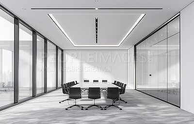 Empty, table and chairs for modern conference room, corporate company and meeting boardroom in law firm building. Vacant, furniture and seats for luxury office or workplace, interior and clean space