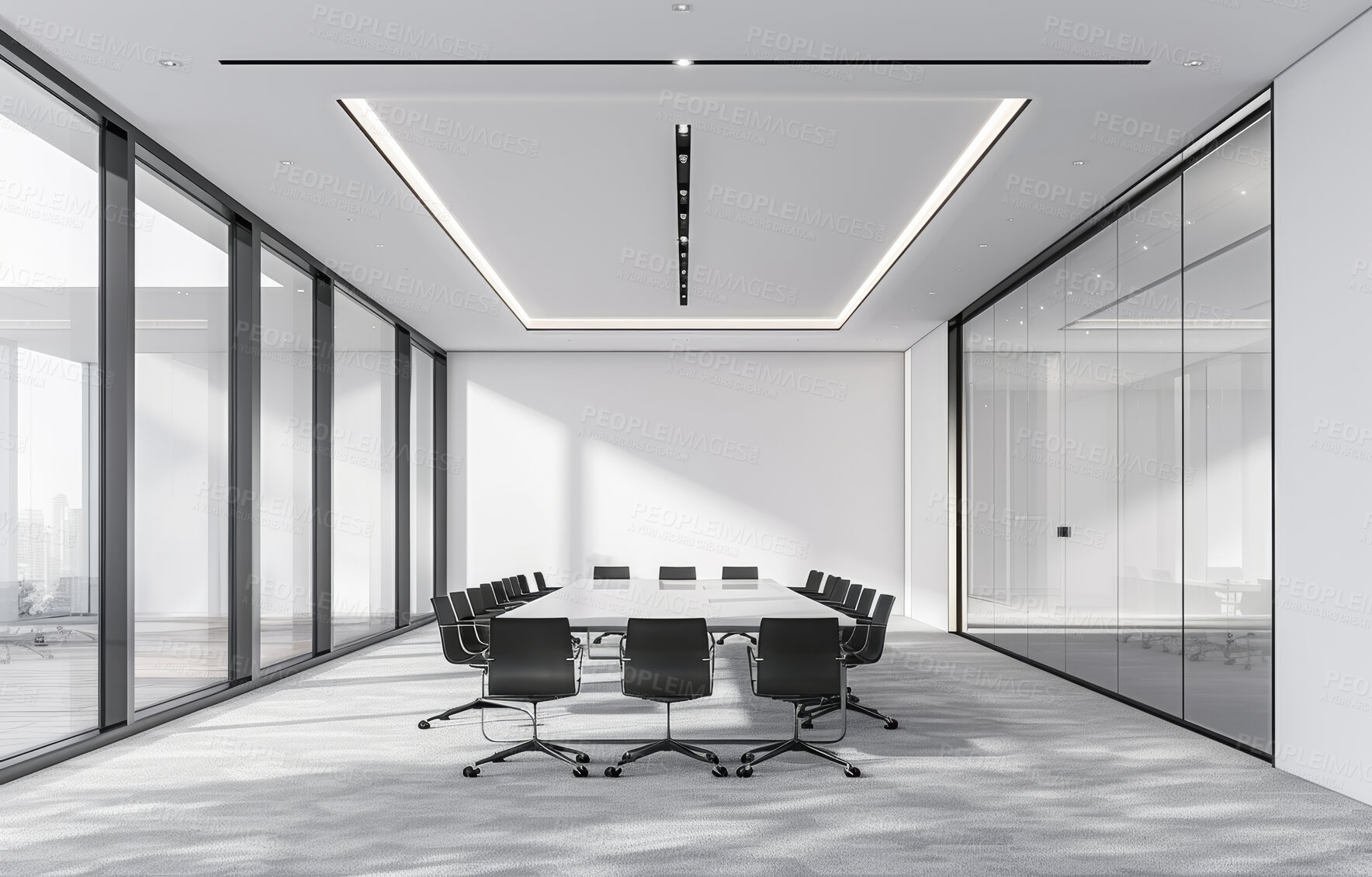 Buy stock photo Empty, table and chairs for modern conference room, corporate company and meeting boardroom in law firm building. Vacant, furniture and seats for luxury office or workplace, interior and clean space