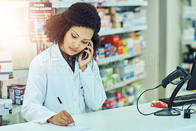 Buy stock photo Medicine, pharmacist and woman in healthcare with phone call for consultation, telehealth and help. Medical, paper and writing with tech in pharmacy for LB.1 covid vaccine, information or appointment