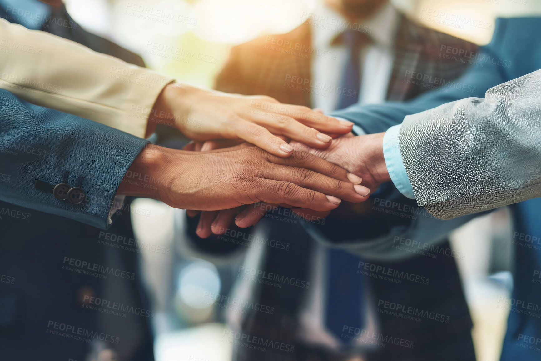 Buy stock photo Teamwork, business people and hands together for motivation, diversity and solidarity in workplace. Collaboration, cooperation and company growth of law firm, support and employees with trust