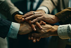 Business people, teamwork and hands together in meeting, stack and collaboration for project. Group, staff and employees with onboarding, partnership or trust with support, growth or company merger