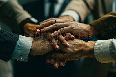 Business people, teamwork and hands together in meeting, stack and collaboration for project. Group, staff and employees with onboarding, partnership or trust with support, growth or company merger