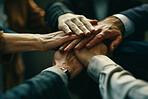 Business people, stack and hands together in meeting, cooperation and teamwork for support. Group, network and employees with onboarding, collaboration or trust with partnership and company merger