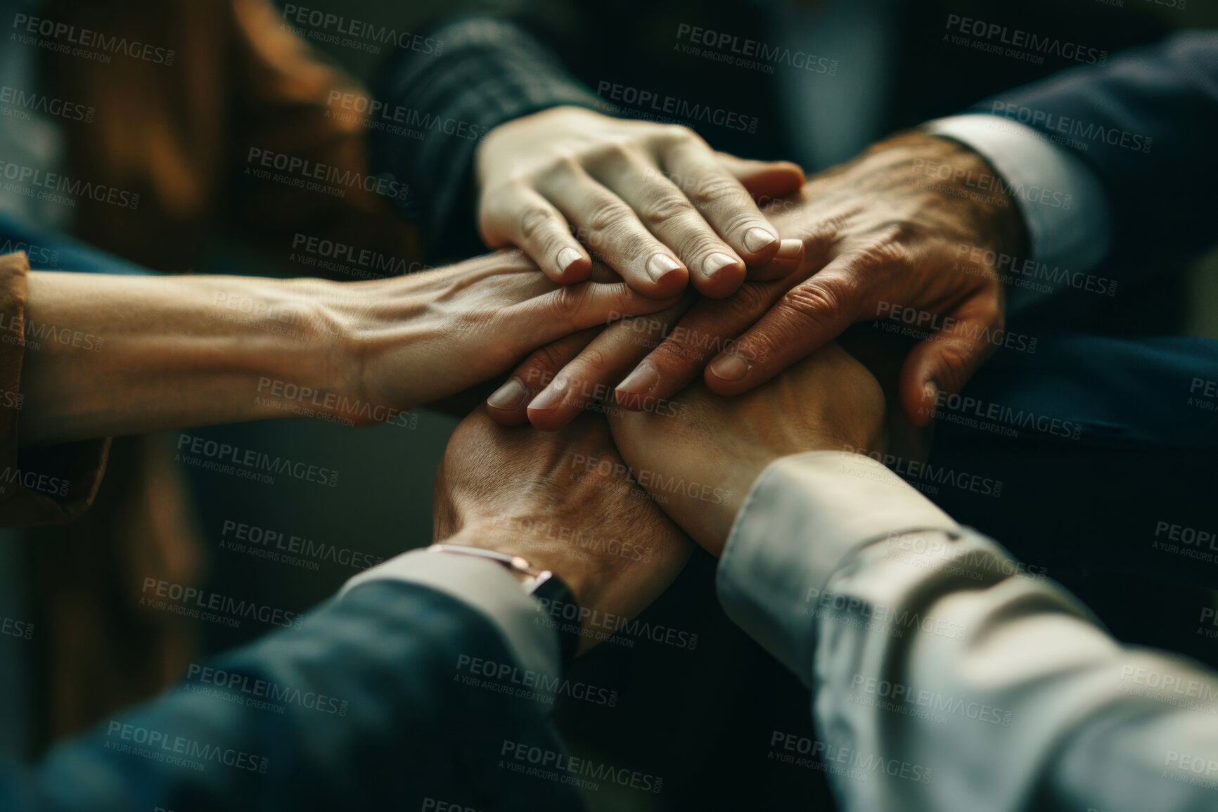 Buy stock photo Business people, stack and hands together in meeting, cooperation and teamwork for support. Group, network and employees with onboarding, collaboration or trust with partnership and company merger