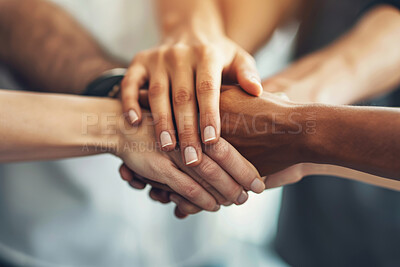 Buy stock photo Business people, hands together and stack for teamwork, support and collaboration with ideas, planning or brainstorming. Group, employees or staff with closeup, cooperation or partnership with growth