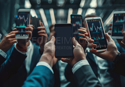 Business, people and hands on phone for stock trading, cryptocurrency as investor, shares and investment for financial market. Corporate, staff and mobile for strategy, growth and profit with graph