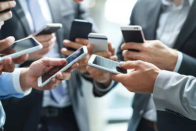 Group, people and hands with mobile in closeup for work, technology or networking for team. Phone, palm and businessman with app for social media or email, internet for career as lawyer or attorney