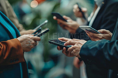 Hands, networking and phone with business people closeup for connection to share information. Contact, data and tech with professional employee group together for mobile browsing or communication
