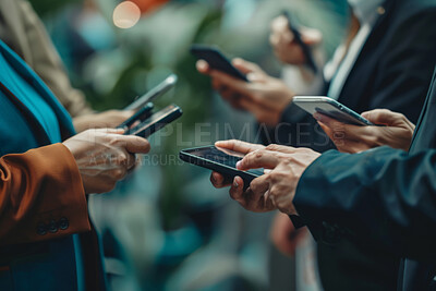 Buy stock photo Hands, networking and phone with business people closeup for connection to share information. Contact, data and tech with professional employee group together for mobile browsing or communication