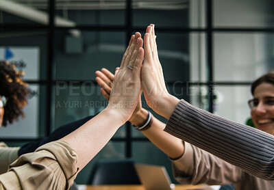 Teamwork, business people and high five for motivation, celebration and solidarity in workplace. Collaboration, hands and company growth of corporate firm, support and employees with success
