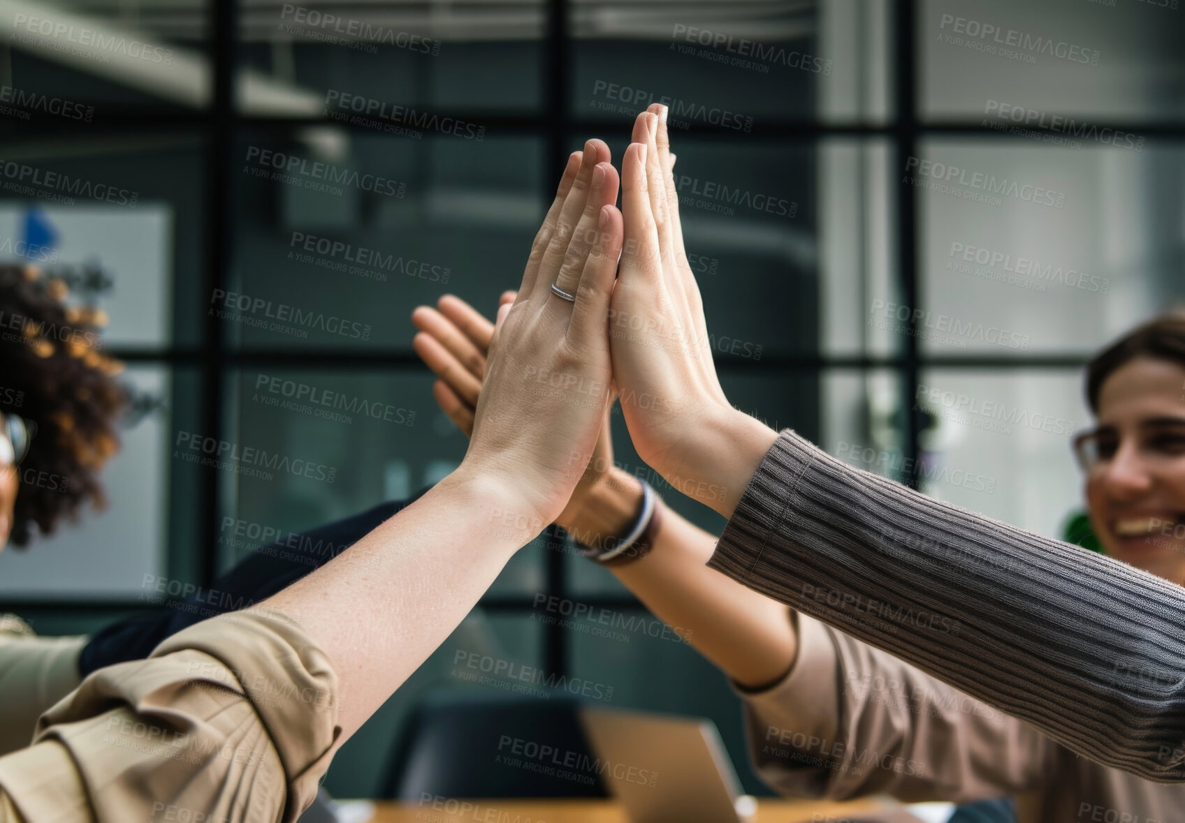 Buy stock photo Teamwork, business people and high five for motivation, celebration and solidarity in workplace. Collaboration, hands and company growth of corporate firm, support and employees with success