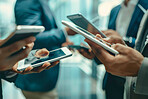 Team, people and hands with mobile in closeup for work, technology or networking for group. Phone, palm and businessman with app for social media or email, internet for career as lawyer or attorney