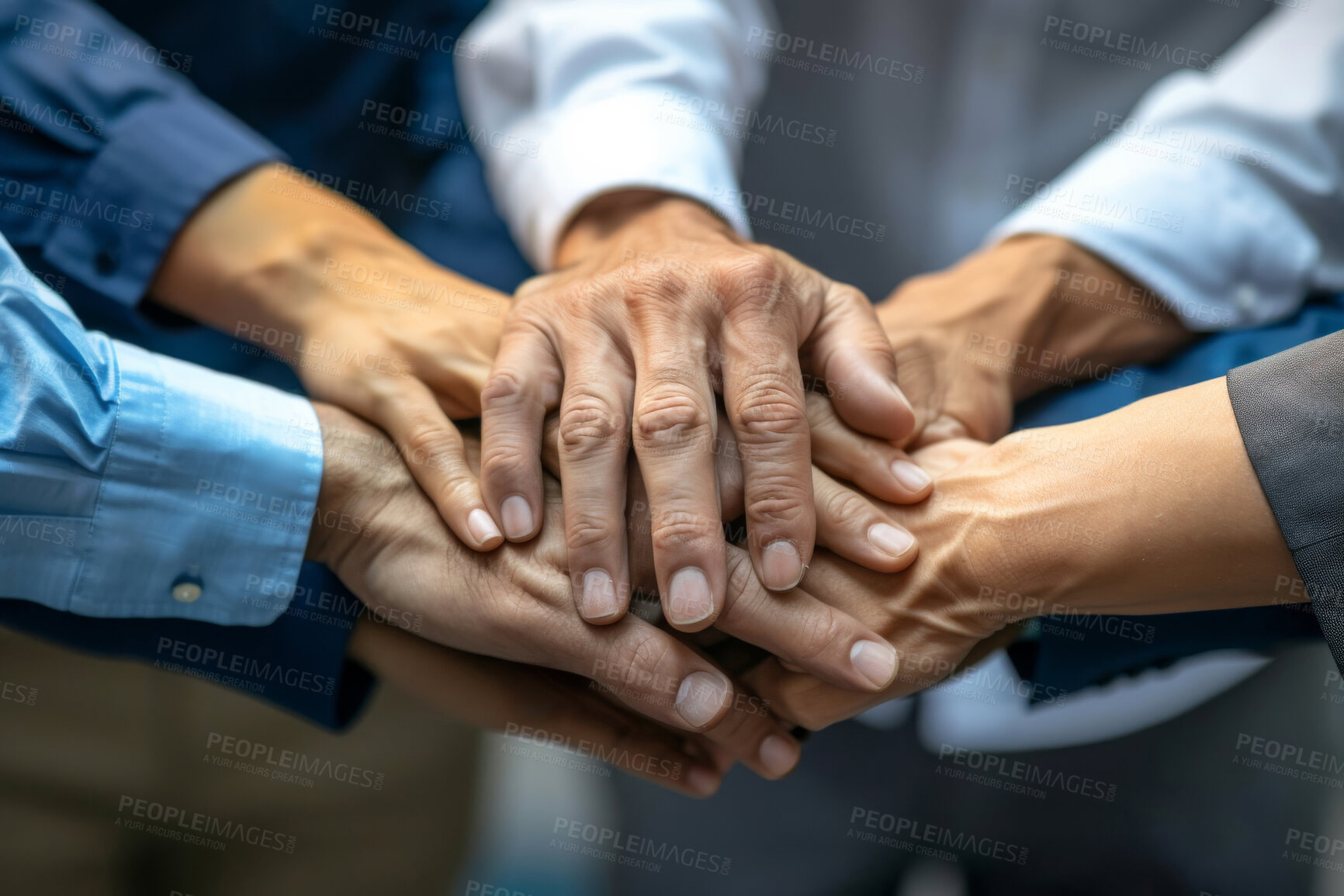 Buy stock photo Business people, partnership and hands together with stack, teamwork and commitment for project. Group, staff and employees with onboarding, collaboration and support with network and cooperation