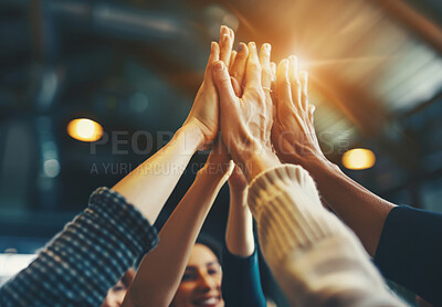 Teamwork, business people and hands up for support, solidarity and partnership in workplace. Collaboration, cooperation and high five for company growth of corporate firm, networking and employees