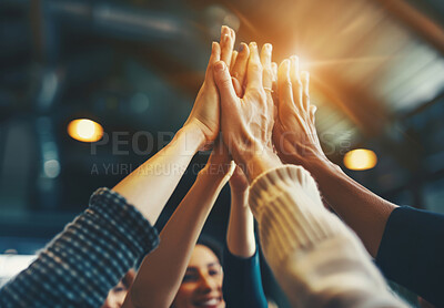 Buy stock photo Teamwork, business people and hands up for support, solidarity and partnership in workplace. Collaboration, cooperation and high five for company growth of corporate firm, networking and employees