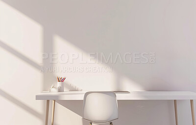 Chair, interior and table in home office or empty study for business, employment or remote work. Background, decor and stationery with desk in workplace of apartment for freelance job or occupation