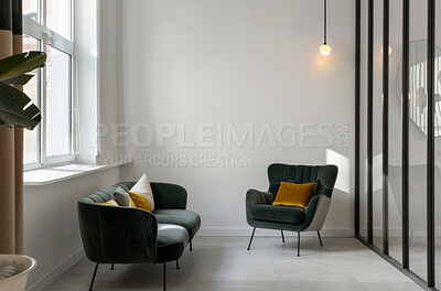 Buy stock photo Interior design, chair and sitting area or empty, wall and mockup for luxury apartment with throw pillows. Tiles, stylish and artistic accommodation for lifestyle, home and feng shui with glass doors