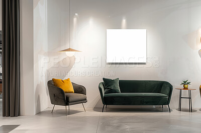 Minimal, couch and lamp for interior design with light, chair and concrete floor for home development. Furniture, empty apartment and living room for modern aesthetic, clean property and real estate