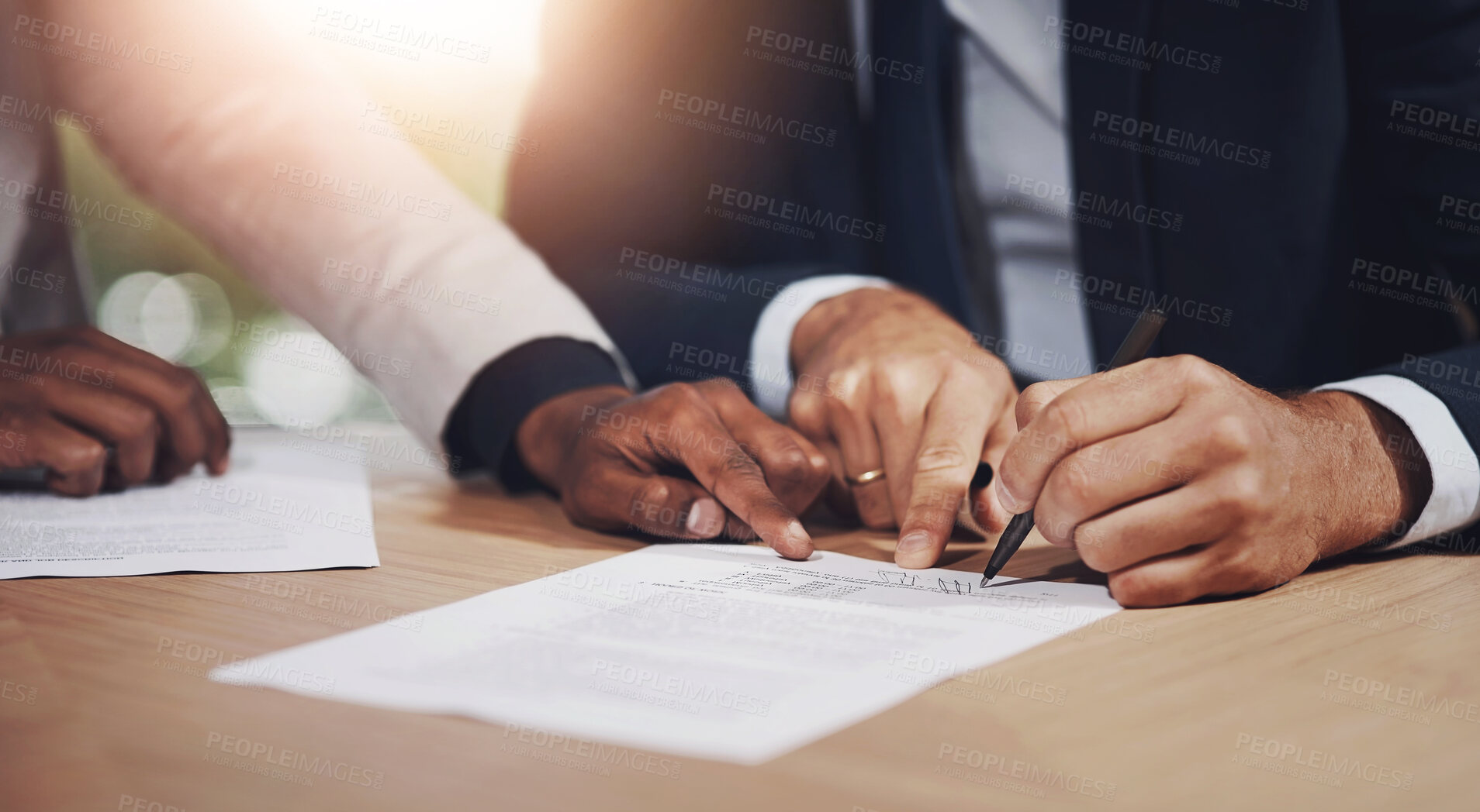 Buy stock photo Meeting, contract and hands of business people with signature in office for b2b deal, planning or documents. Paperwork, agreement and partnership with financial advisor, client or sign up application