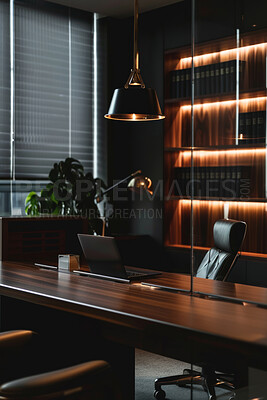 Office, design and dark interior with desk, laptop and empty or table in modern workspace in business. Productivity, room and lights for professional work, chair and plant with nobody or furniture