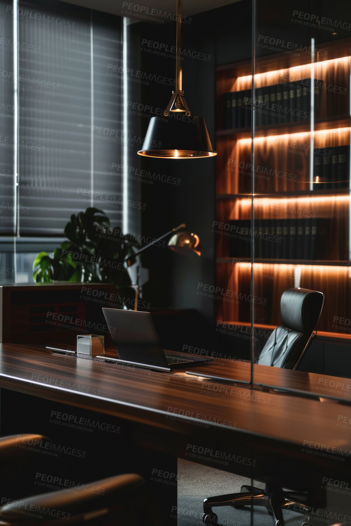 Buy stock photo Office, design and dark interior with desk, laptop and empty or table in modern workspace in business. Productivity, room and lights for professional work, chair and plant with workplace or furniture