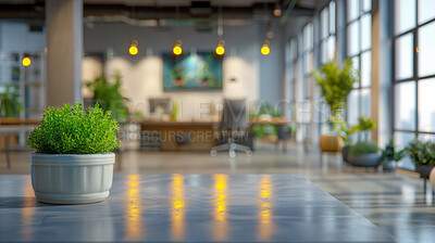 Business, interior and potted plant on table in office with space for corporate or professional decor. Background, desk and green with plants on wooden surface in workplace for natural decoration